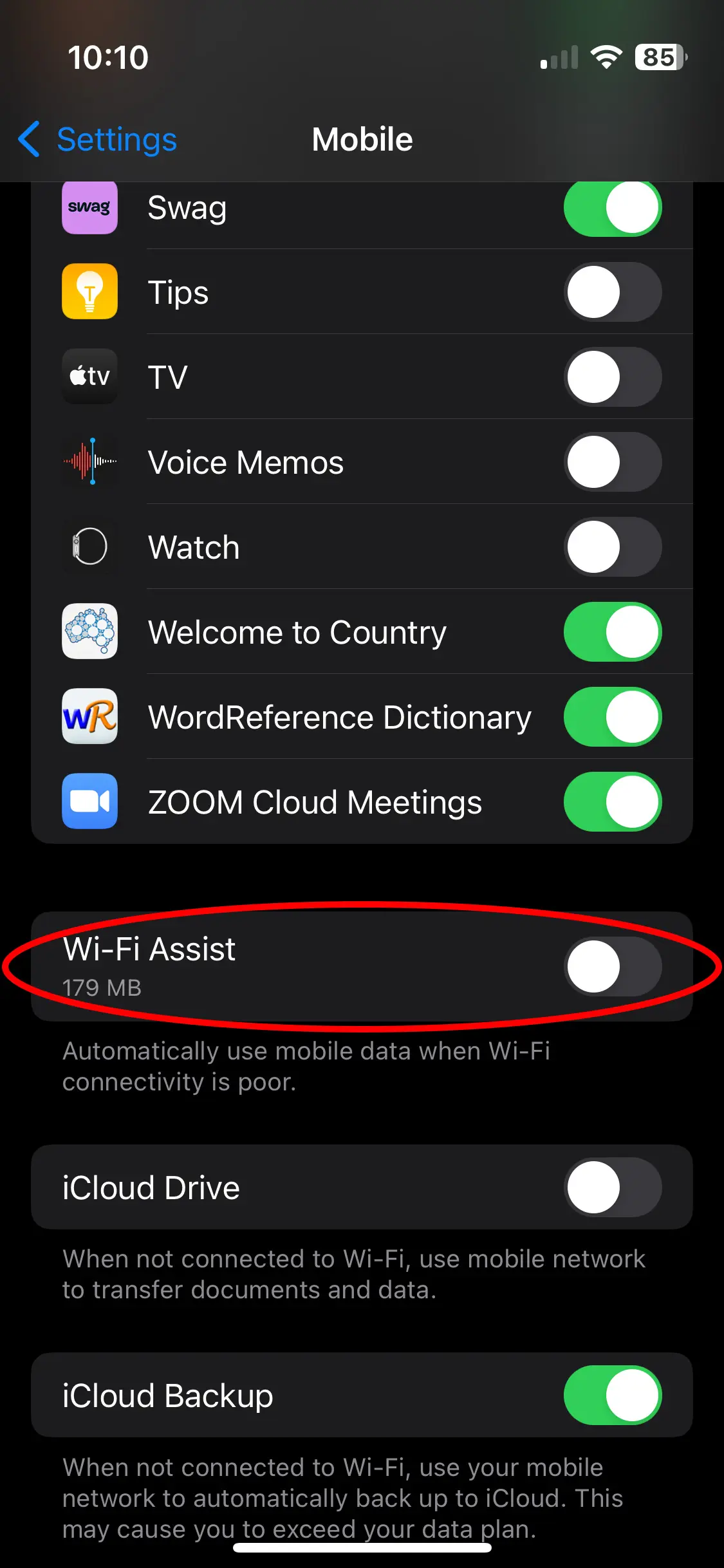 Turn off Wi-Fi Assist and stop apps using mobile data